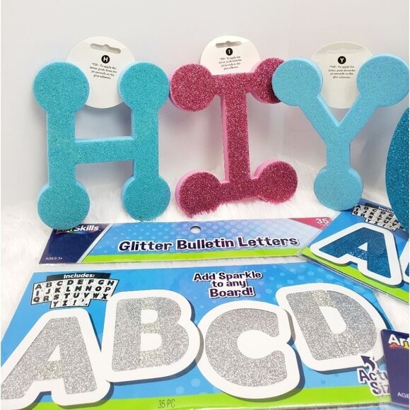 Glitter Bulletin Letters Numbers Bulk Lot Craft Foam Sparkle Blue Silver Gold - Picture 2 of 7